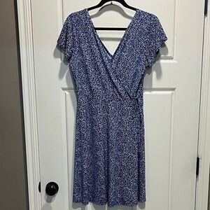 Kaileigh Blue and White Patterned Mini Dress- Faux Wrap